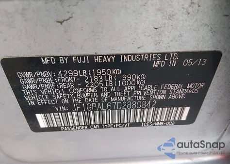 2013 Subaru Impreza 2.0I Sport Premium z USA, uszkodzony, nr VIN JF1GPAL67D2880842